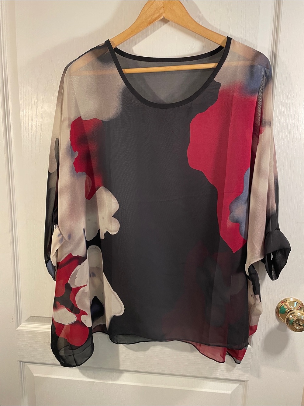 Source Unknown Sheer Floral-Print Tunic in Black and Red with Cream Accents